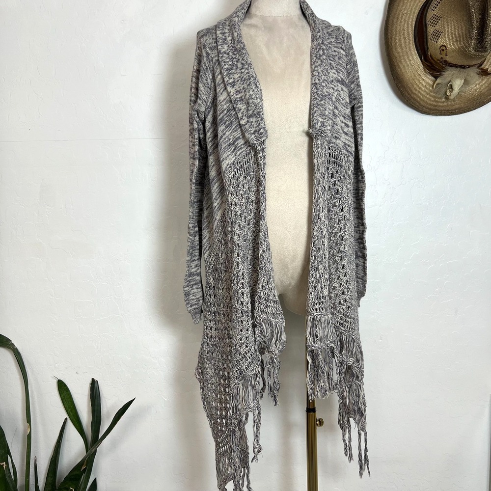 DAYTRIP Buckle Gray Marled Open Weave Fringe Cardigan Sweater Size M Cotton